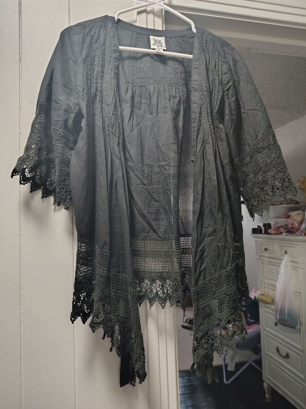 Johnny Was Black Crochet-Trim Open Front Kimono